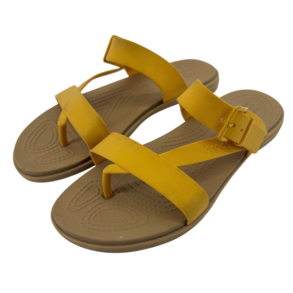 Crocs Tulum Toe Post Sandal Yellow Tan Women 8 Strappy Slip On Flip Flop Buckle